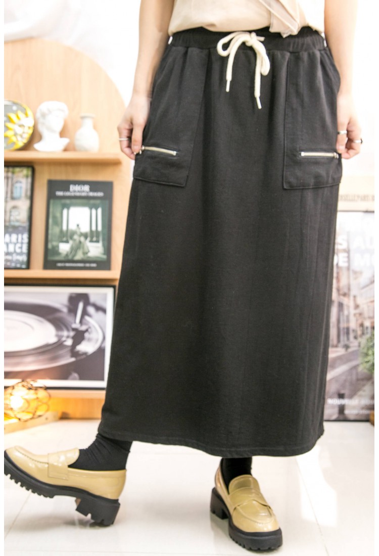 2315-1090-舒適感-橡根腰束繩 ‧ 袋位拉鏈 ‧ 薄衛衣料半截裙 (韓國) 0